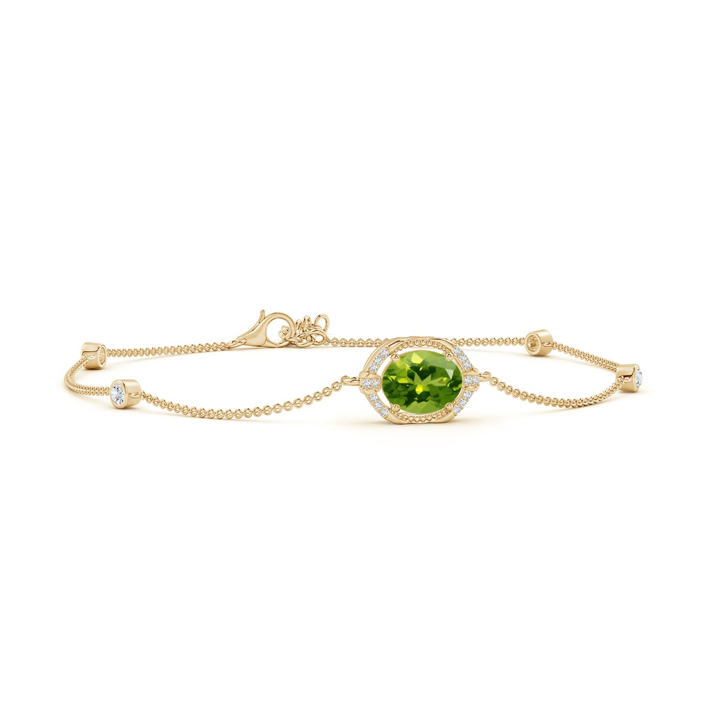 9x7mm AAAA Vintage Style Oval Peridot and Diamond Leo Station Bracelet in Yellow Gold