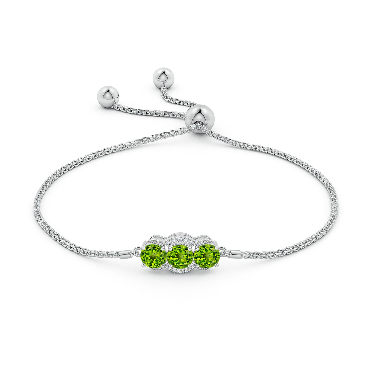 5mm AAAA Three Stone Peridot Half Halo Leo Bolo Bracelet in White Gold - side 1