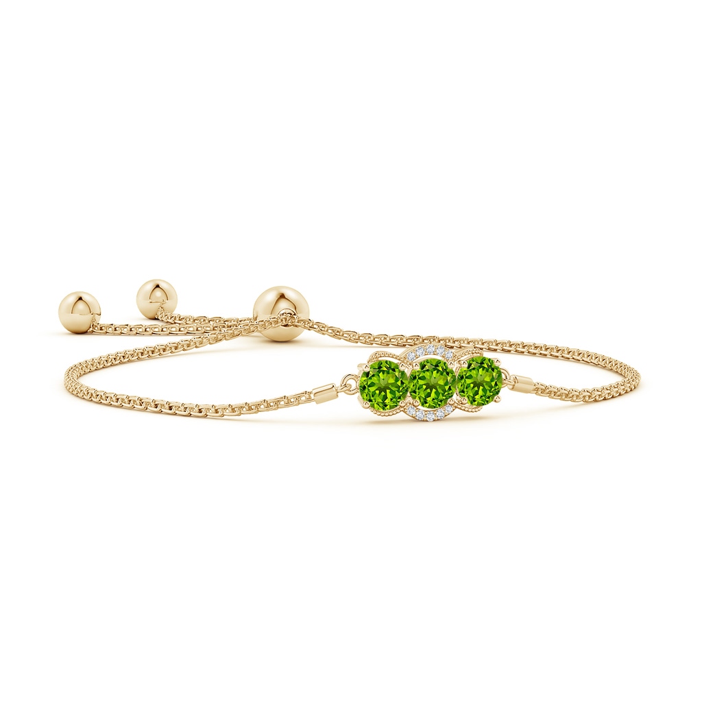 5mm AAAA Three Stone Peridot Half Halo Leo Bolo Bracelet in Yellow Gold