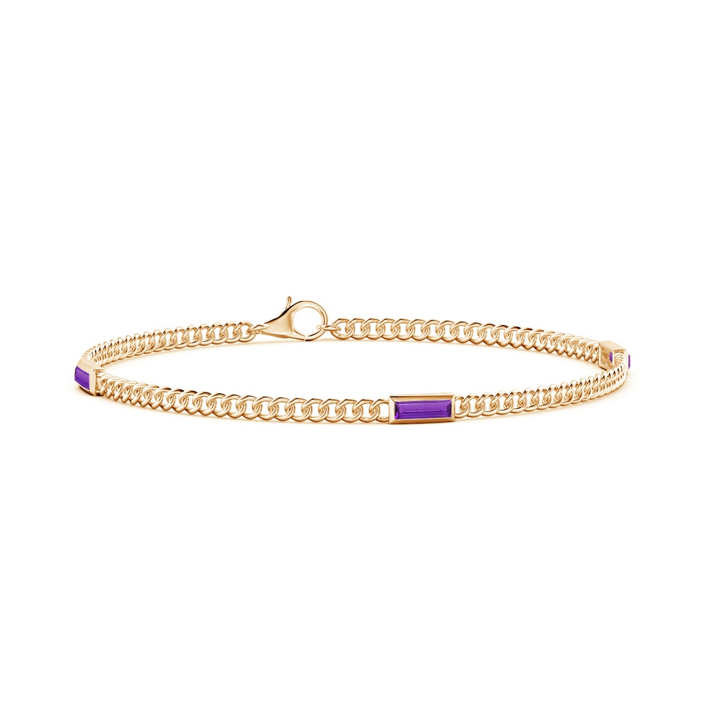 6x2mm AAA Bezel-Set Baguette Amethyst Three Stone Curb Link Chain Bracelet in Yellow Gold