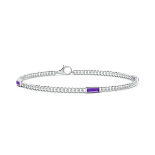 6x2mm AAAA Bezel-Set Baguette Amethyst Three Stone Curb Link Chain Bracelet in White Gold