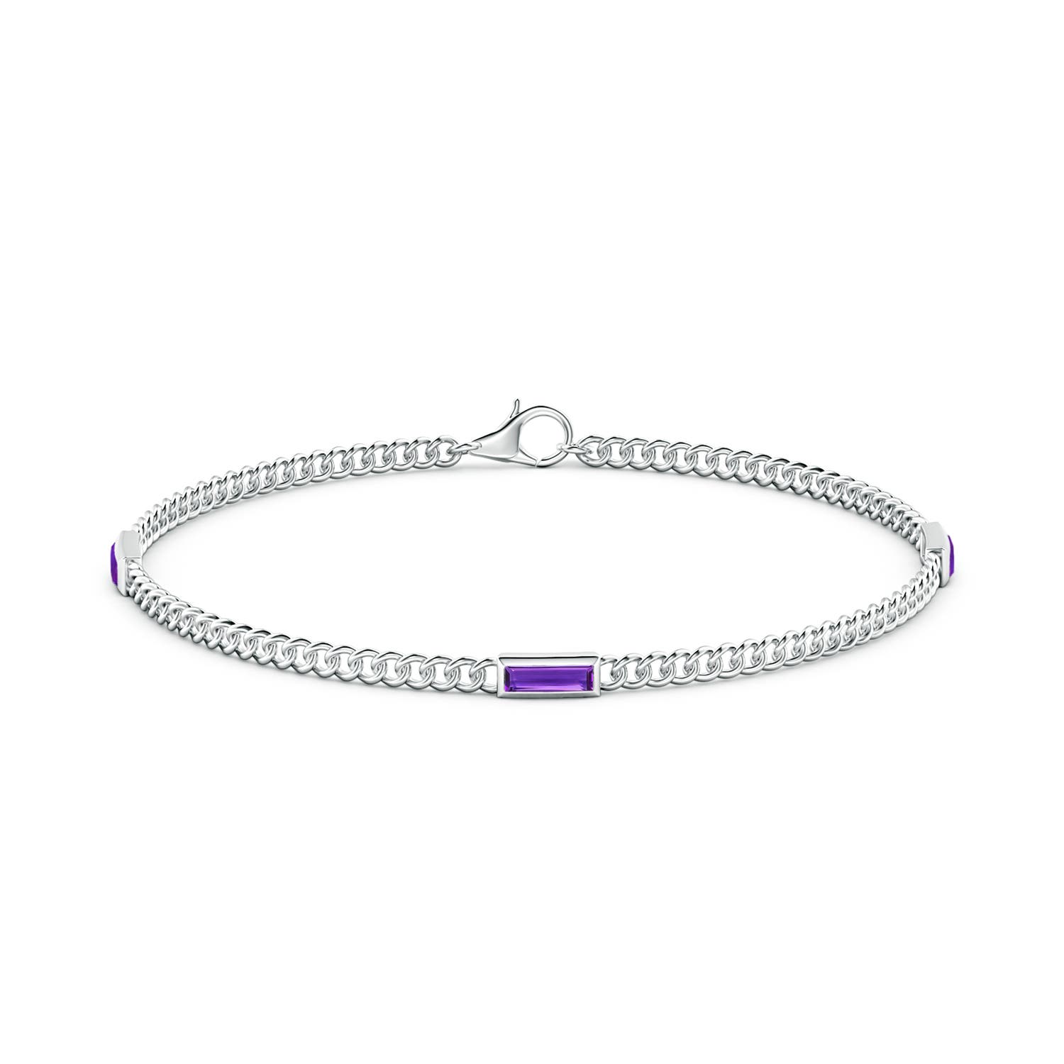 6x2mm AAAA Bezel-Set Baguette Amethyst Three Stone Curb Link Chain Bracelet in White Gold - side 2