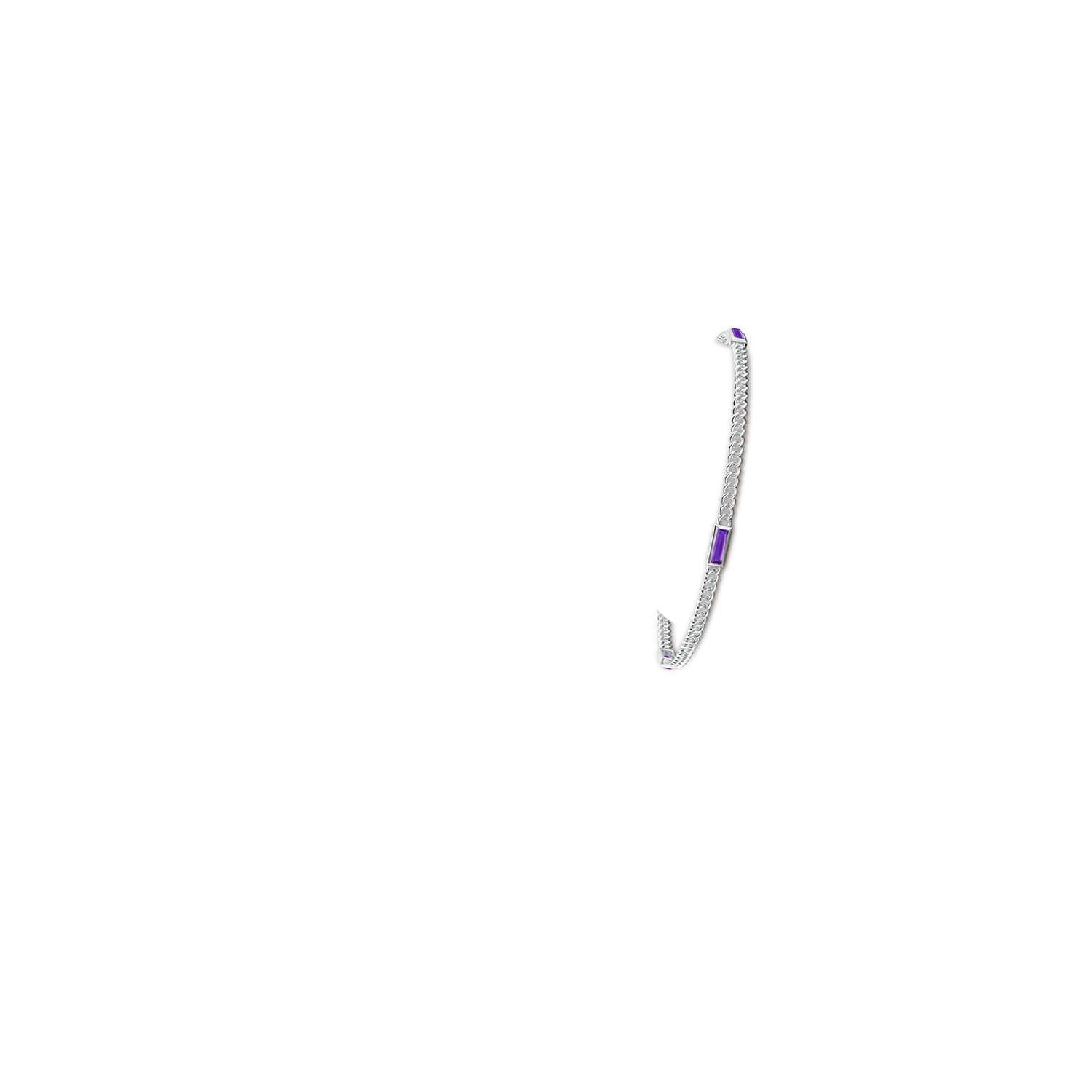 6x2mm AAAA Bezel-Set Baguette Amethyst Three Stone Curb Link Chain Bracelet in White Gold - body_arm