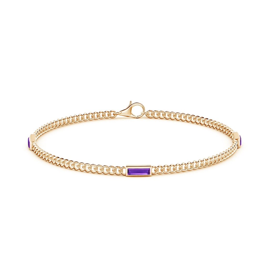 6x2mm AAAA Bezel-Set Baguette Amethyst Three Stone Curb Link Chain Bracelet in Yellow Gold - side 199