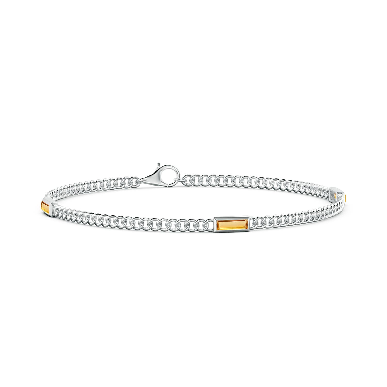 6x2mm A Bezel-Set Baguette Citrine Three Stone Curb Link Chain Bracelet in White Gold