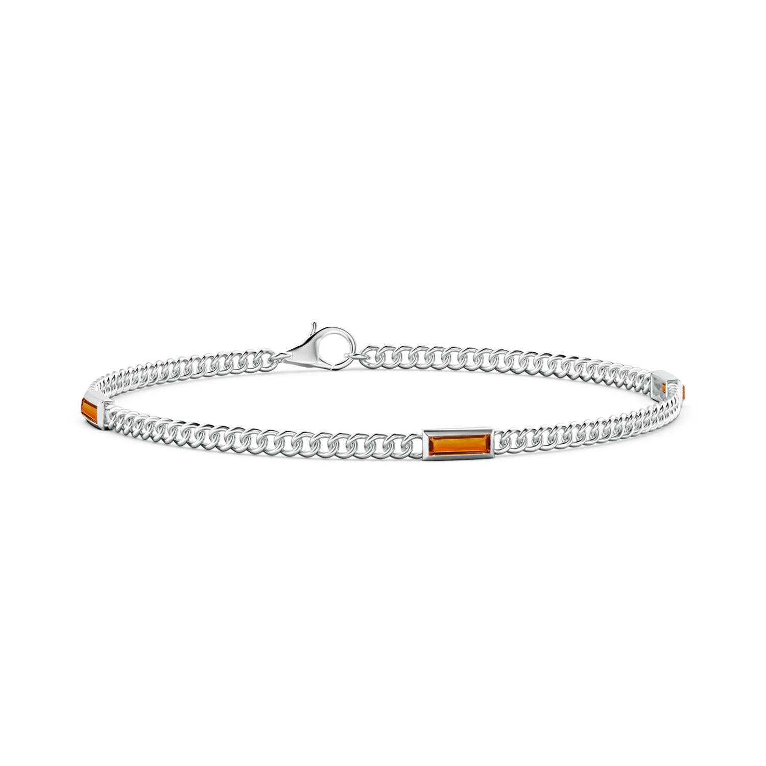 6x2mm AAAA Bezel-Set Baguette Citrine Three Stone Curb Link Chain Bracelet in White Gold