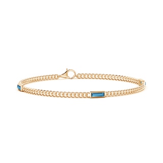 6x2mm AA Bezel-Set Baguette London Blue Topaz Three Stone Curb Link Chain Bracelet in Yellow Gold