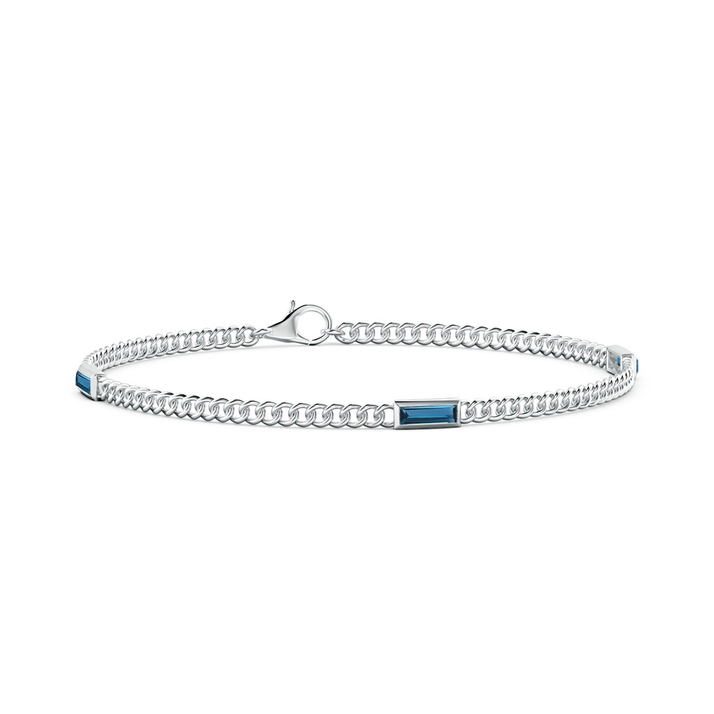 6x2mm AAA Bezel-Set Baguette London Blue Topaz Three Stone Curb Link Chain Bracelet in White Gold