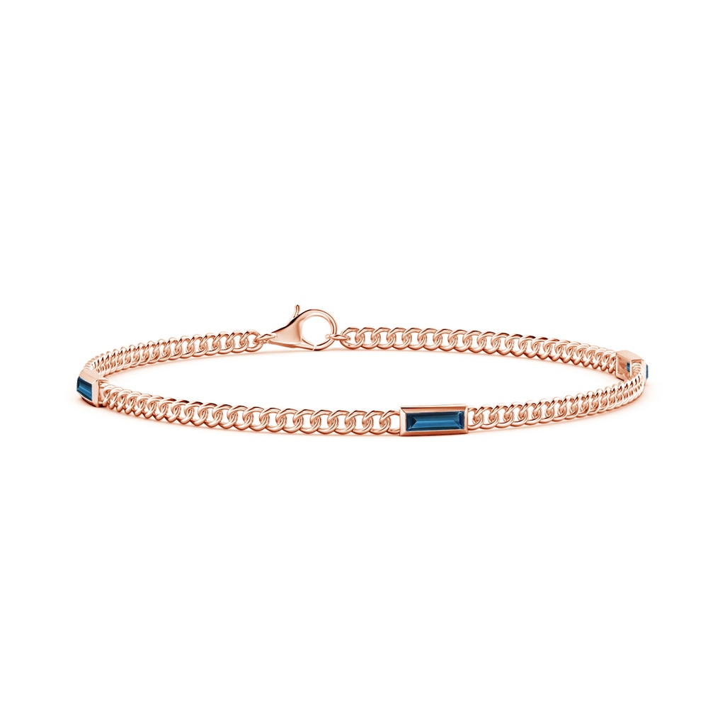 6x2mm AAAA Bezel-Set Baguette London Blue Topaz Three Stone Curb Link Chain Bracelet in 10K Rose Gold