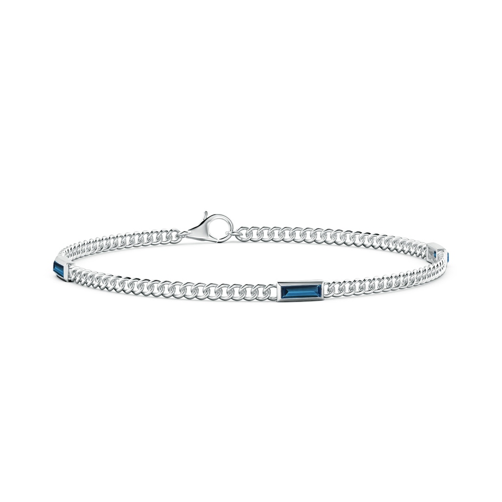 6x2mm AAAA Bezel-Set Baguette London Blue Topaz Three Stone Curb Link Chain Bracelet in 10K White Gold