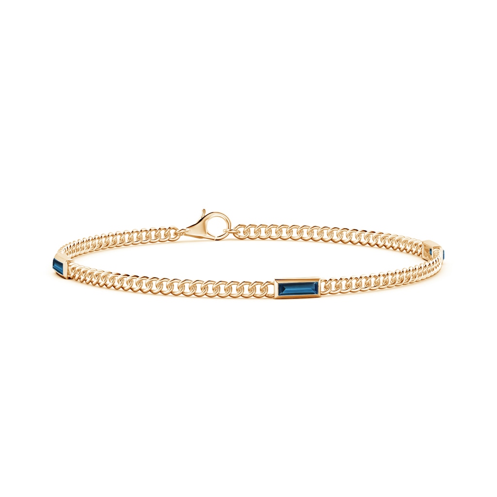 6x2mm AAAA Bezel-Set Baguette London Blue Topaz Three Stone Curb Link Chain Bracelet in Yellow Gold