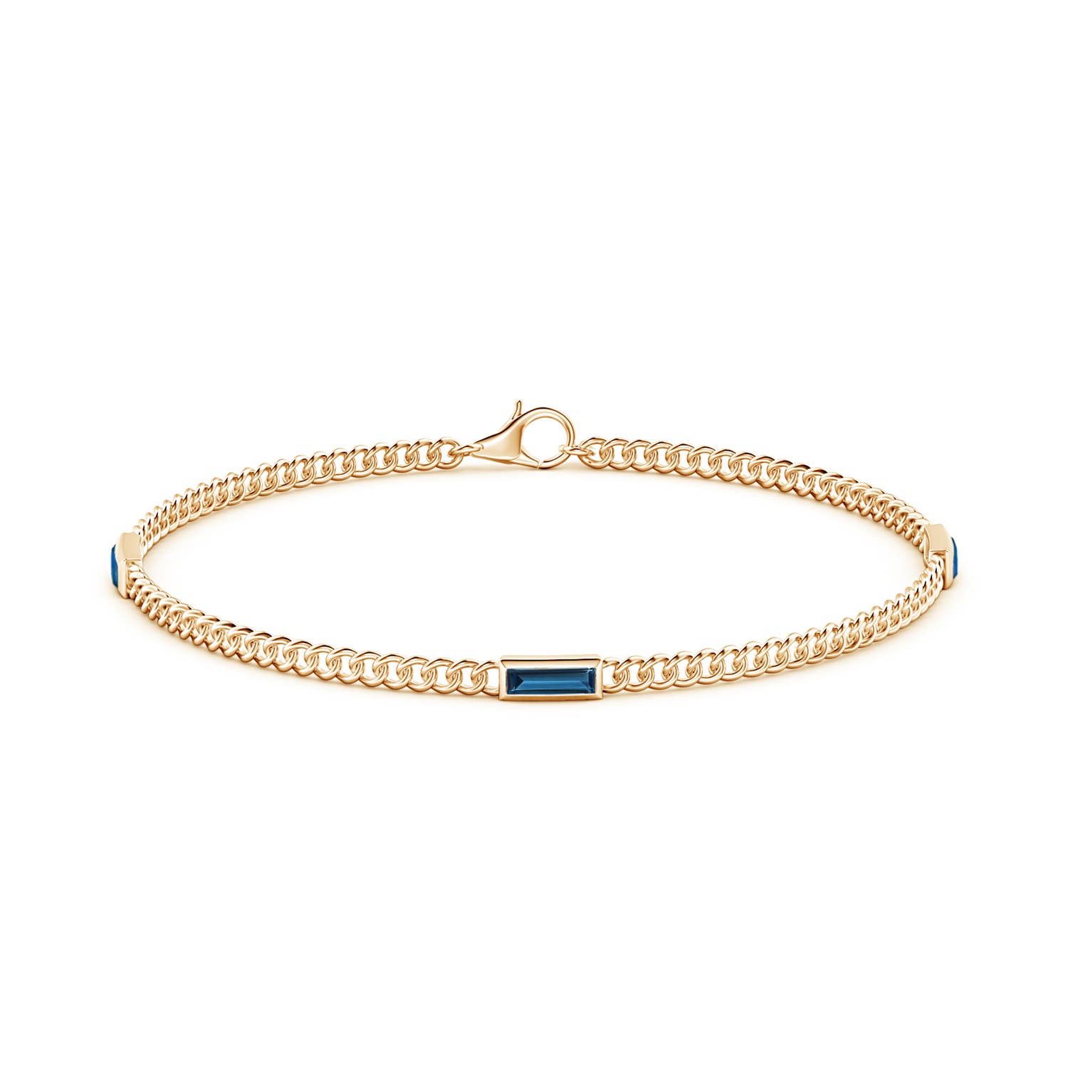 6x2mm AAAA Bezel-Set Baguette London Blue Topaz Three Stone Curb Link Chain Bracelet in Yellow Gold