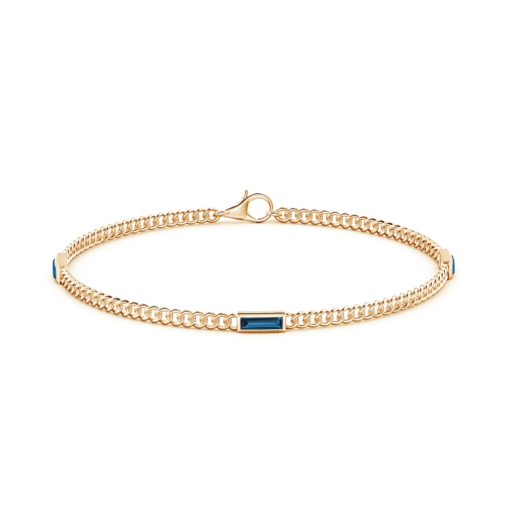 6x2mm AAAA Bezel-Set Baguette London Blue Topaz Three Stone Curb Link Chain Bracelet in Yellow Gold - side 199