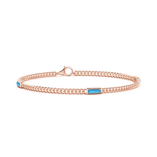 6x2mm AAA Bezel-Set Baguette Swiss Blue Topaz Three Stone Curb Link Chain Bracelet in 9K Rose Gold