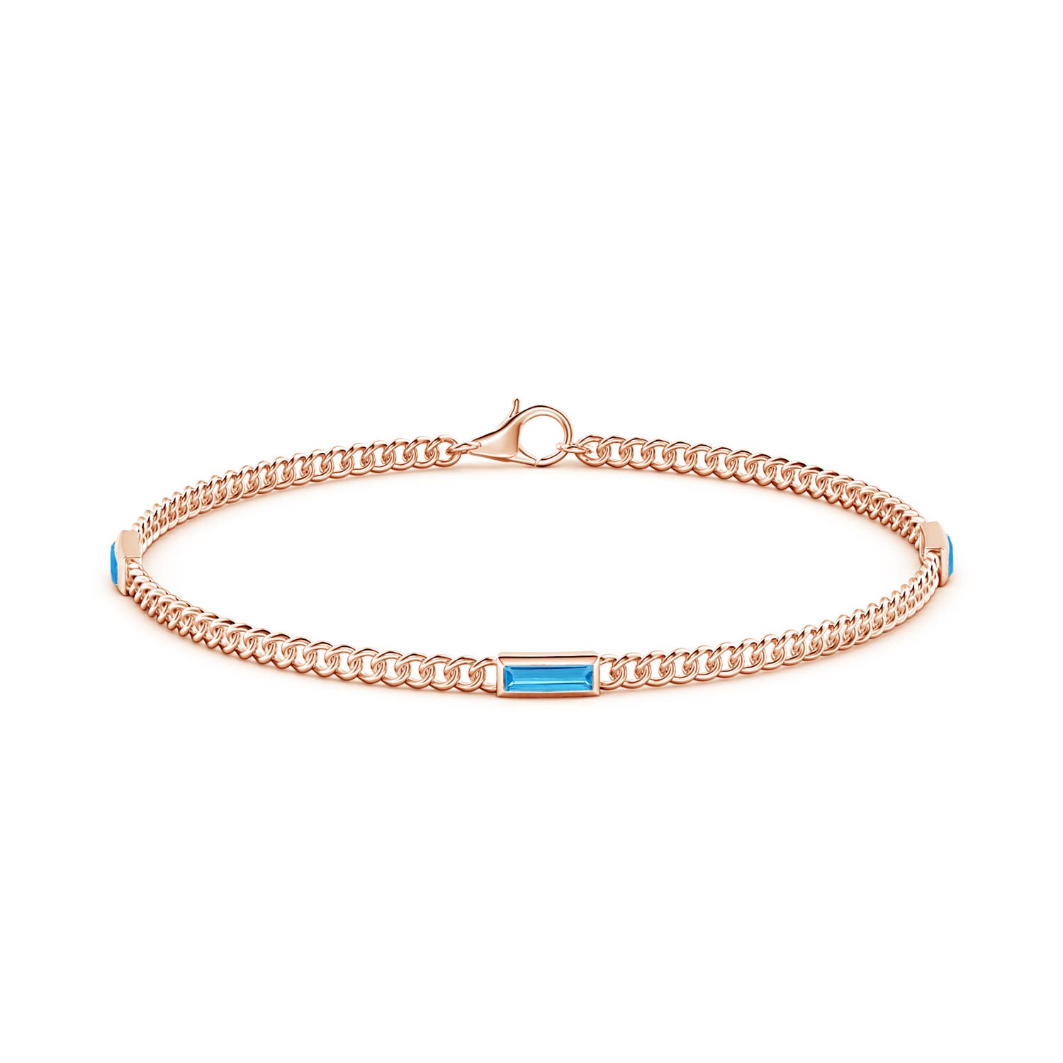 6x2mm AAA Bezel-Set Baguette Swiss Blue Topaz Three Stone Curb Link Chain Bracelet in Rose Gold