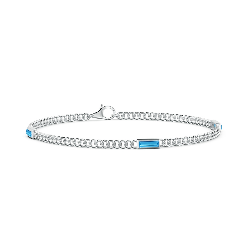 6x2mm AAA Bezel-Set Baguette Swiss Blue Topaz Three Stone Curb Link Chain Bracelet in White Gold 