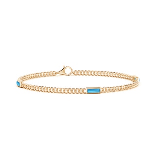 6x2mm AAA Bezel-Set Baguette Swiss Blue Topaz Three Stone Curb Link Chain Bracelet in Yellow Gold