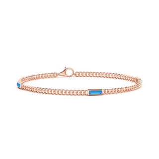 6x2mm AAAA Bezel-Set Baguette Swiss Blue Topaz Three Stone Curb Link Chain Bracelet in 10K Rose Gold