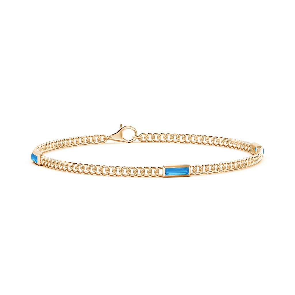 6x2mm AAAA Bezel-Set Baguette Swiss Blue Topaz Three Stone Curb Link Chain Bracelet in 10K Yellow Gold