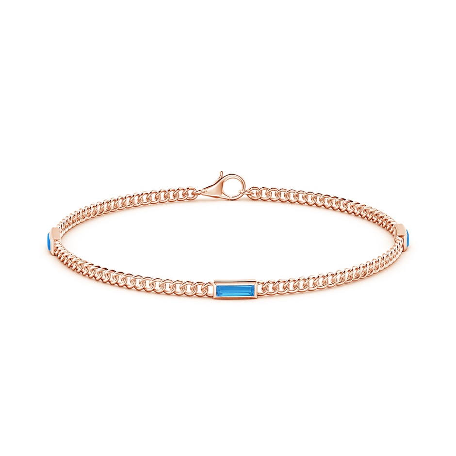 6x2mm AAAA Bezel-Set Baguette Swiss Blue Topaz Three Stone Curb Link Chain Bracelet in Rose Gold side 199