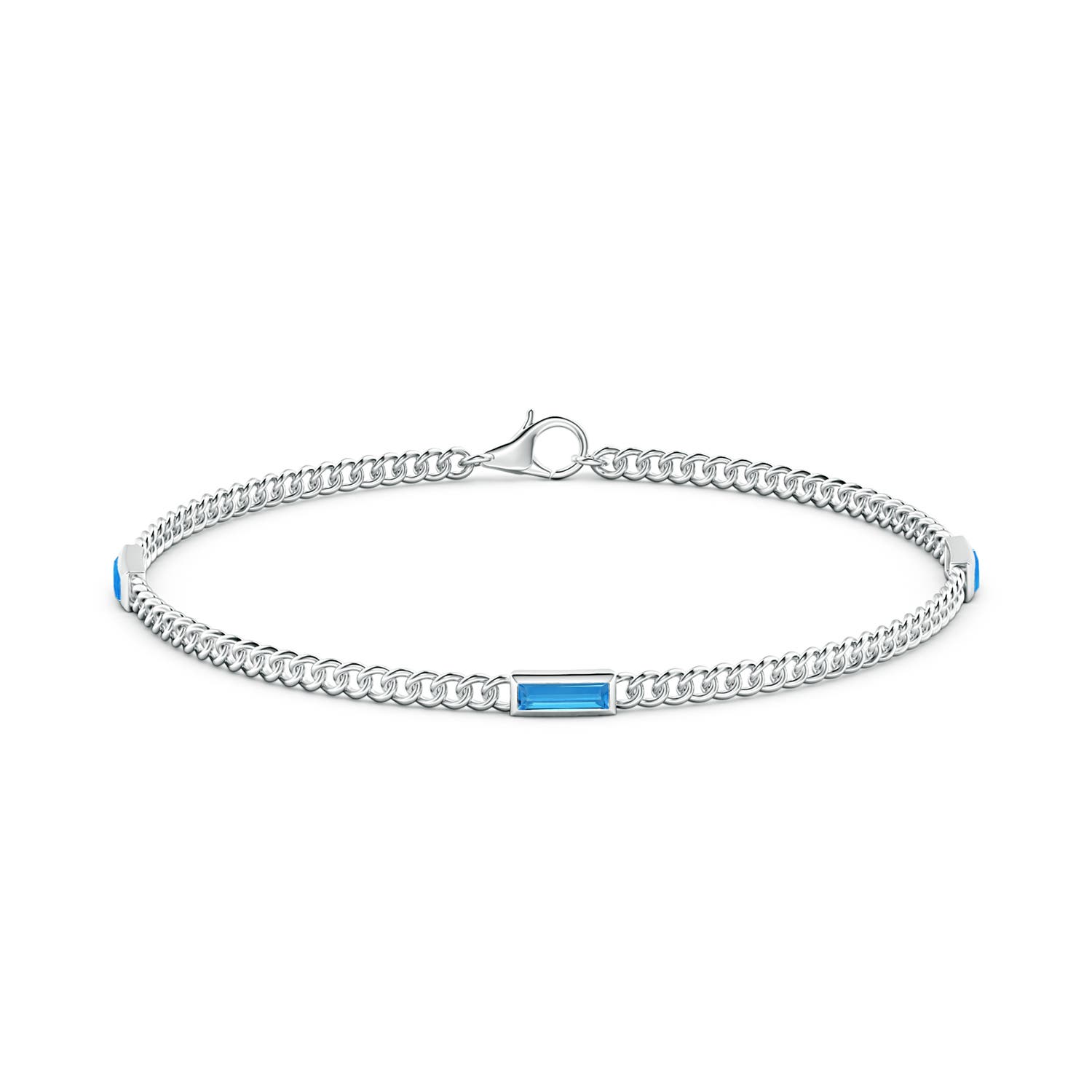 6x2mm AAAA Bezel-Set Baguette Swiss Blue Topaz Three Stone Curb Link Chain Bracelet in White Gold