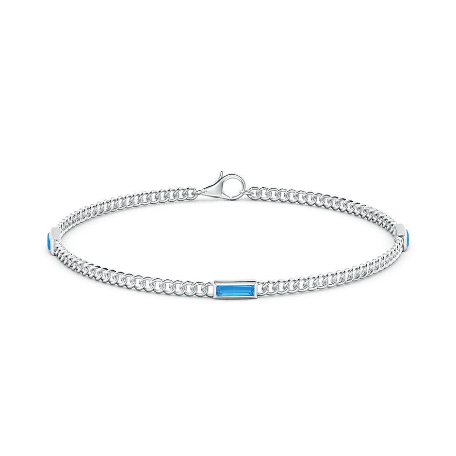 6x2mm AAAA Bezel-Set Baguette Swiss Blue Topaz Three Stone Curb Link Chain Bracelet in White Gold side 199