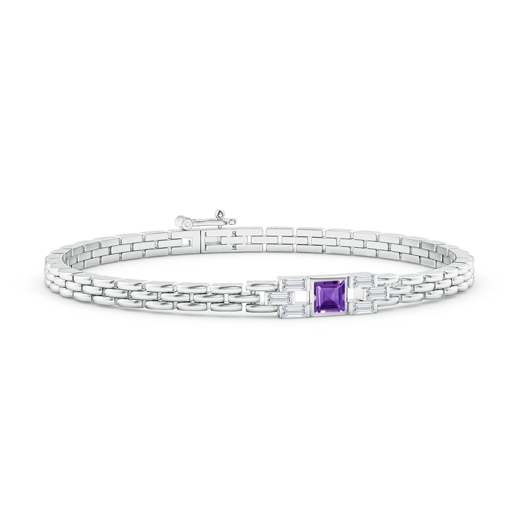 4mm AAA Square Amethyst & Baguette Diamond Rectangle Link Bracelet in White Gold