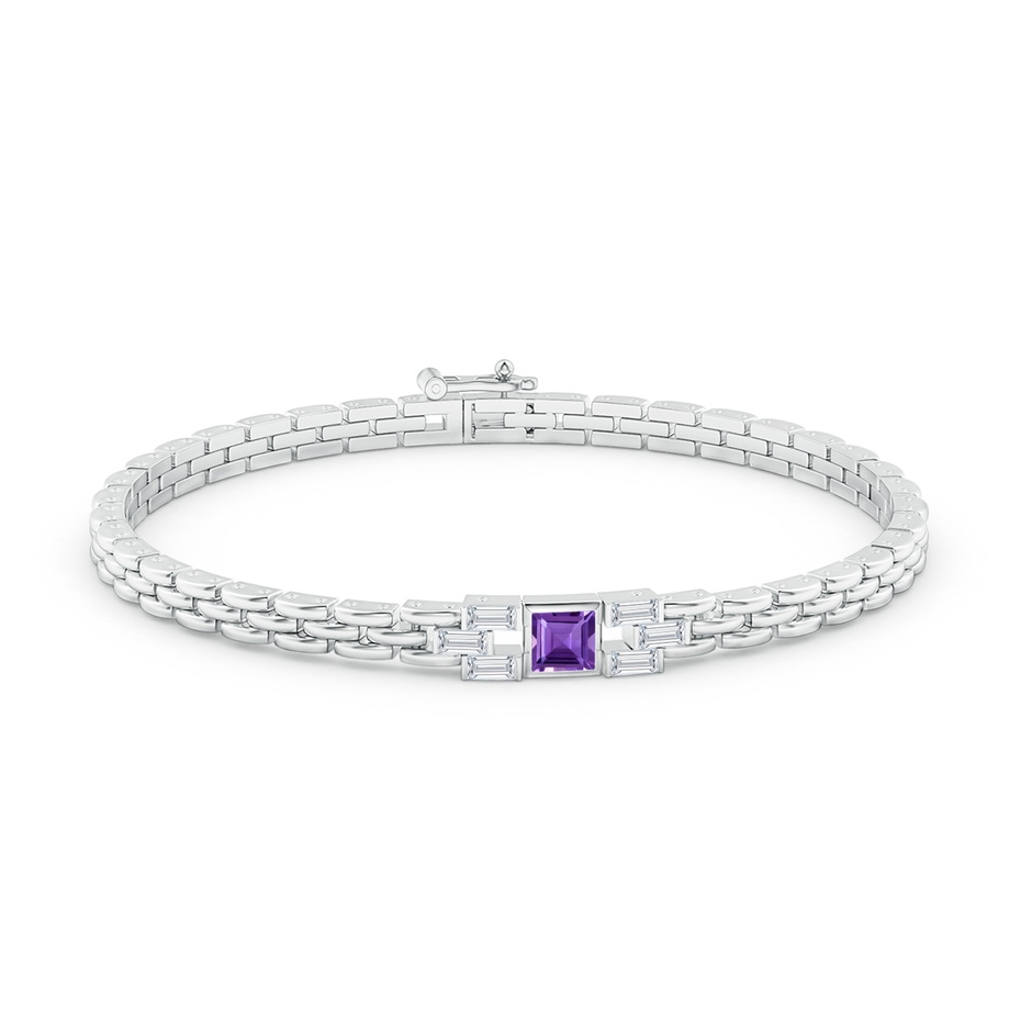 4mm AAA Square Amethyst & Baguette Diamond Rectangle Link Bracelet in White Gold side-1