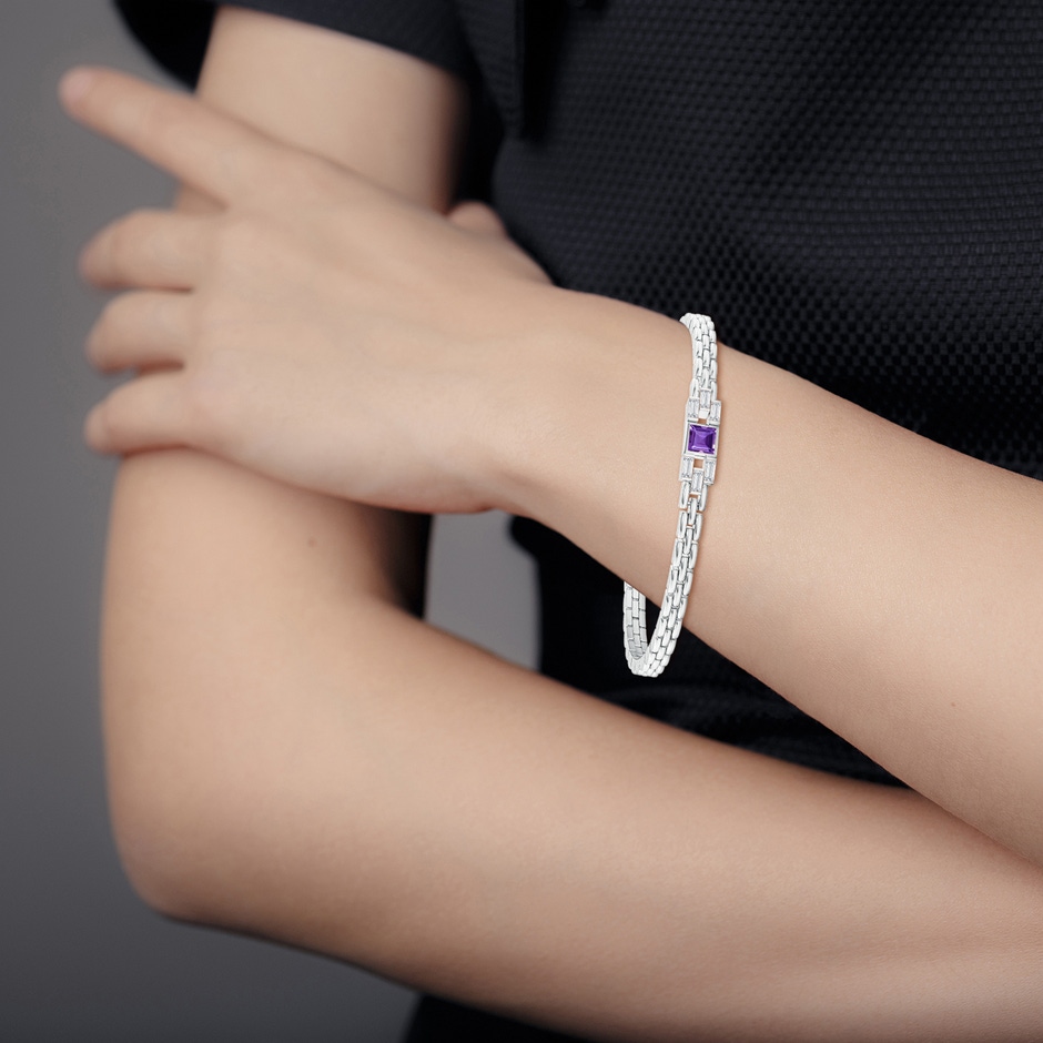 4mm AAA Square Amethyst & Baguette Diamond Rectangle Link Bracelet in White Gold body-bre