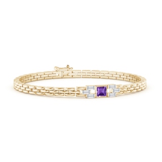 4mm AAA Square Amethyst & Baguette Diamond Rectangle Link Bracelet in Yellow Gold