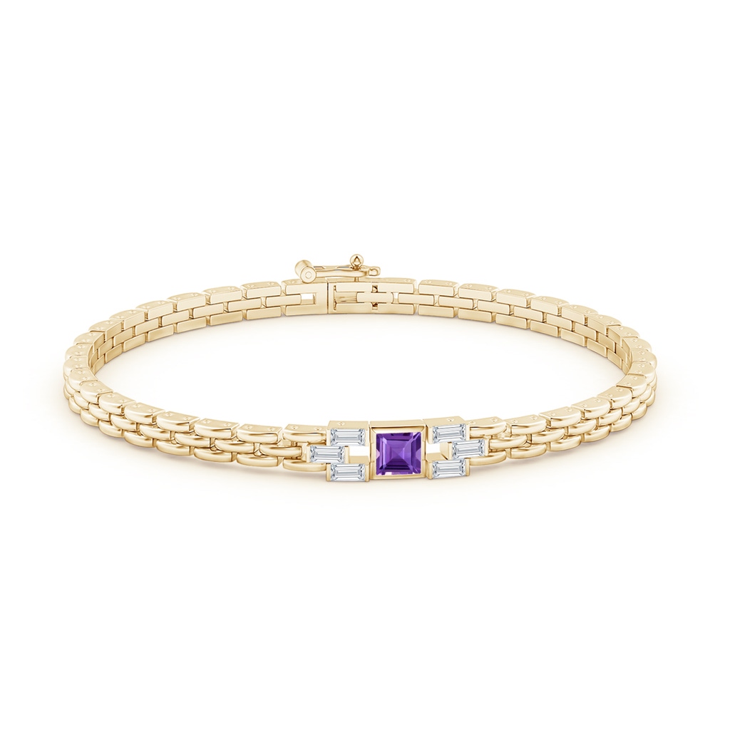 4mm AAA Square Amethyst & Baguette Diamond Rectangle Link Bracelet in Yellow Gold Side-1