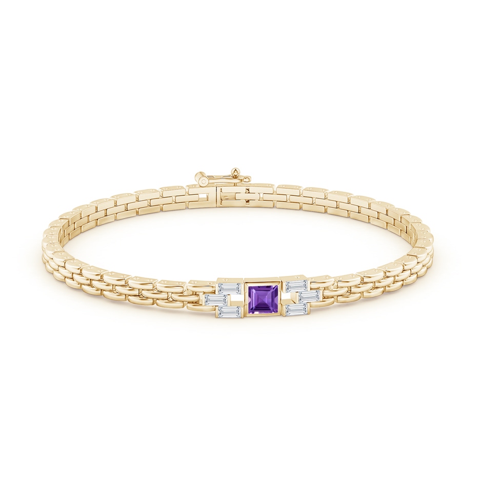 4mm AAA Square Amethyst & Baguette Diamond Rectangle Link Bracelet in Yellow Gold side-1