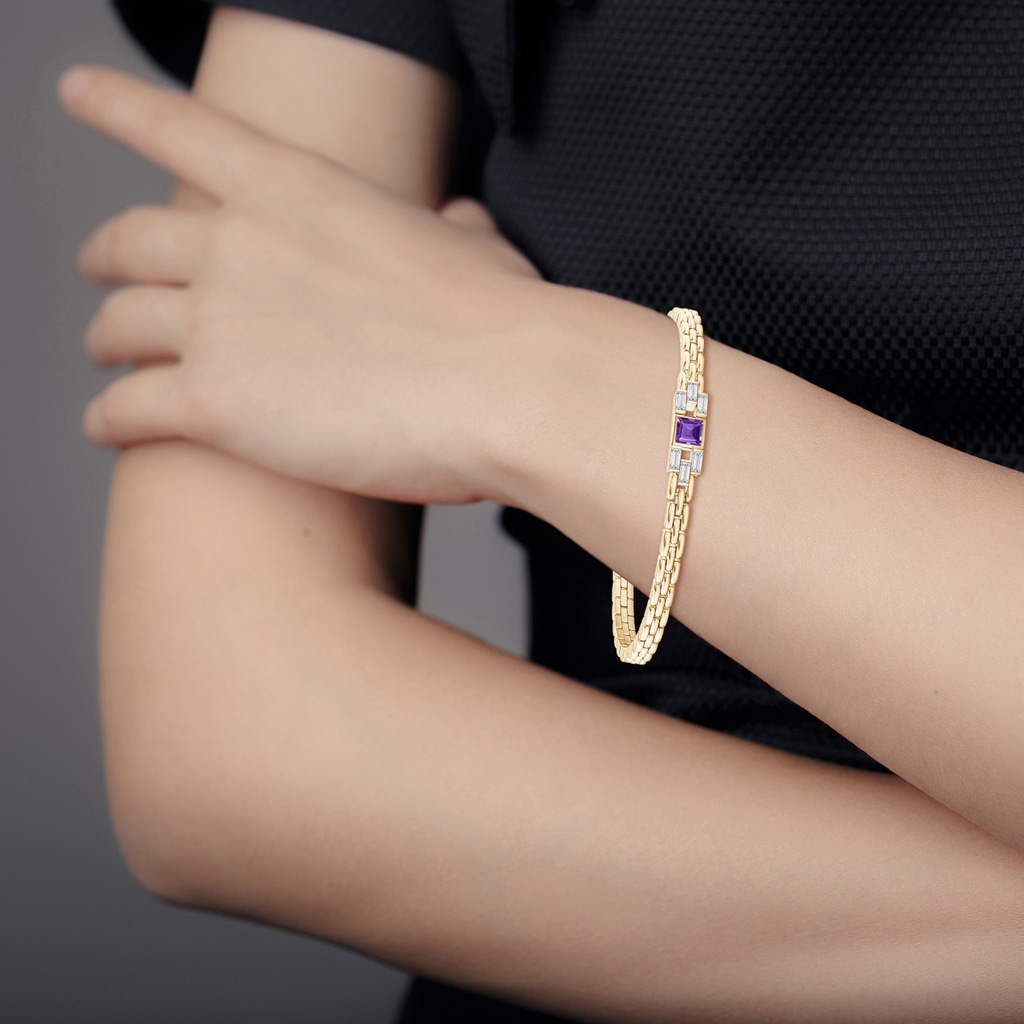 4mm AAA Square Amethyst & Baguette Diamond Rectangle Link Bracelet in Yellow Gold Body-Bre