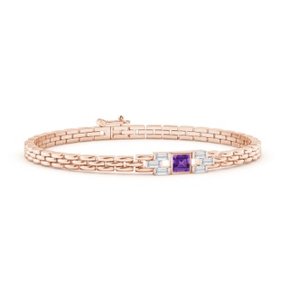 4mm AAAA Square Amethyst & Baguette Diamond Rectangle Link Bracelet in 10K Rose Gold