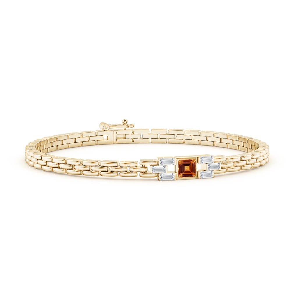 4mm AAAA Square Citrine & Baguette Diamond Rectangle Link Bracelet in Yellow Gold