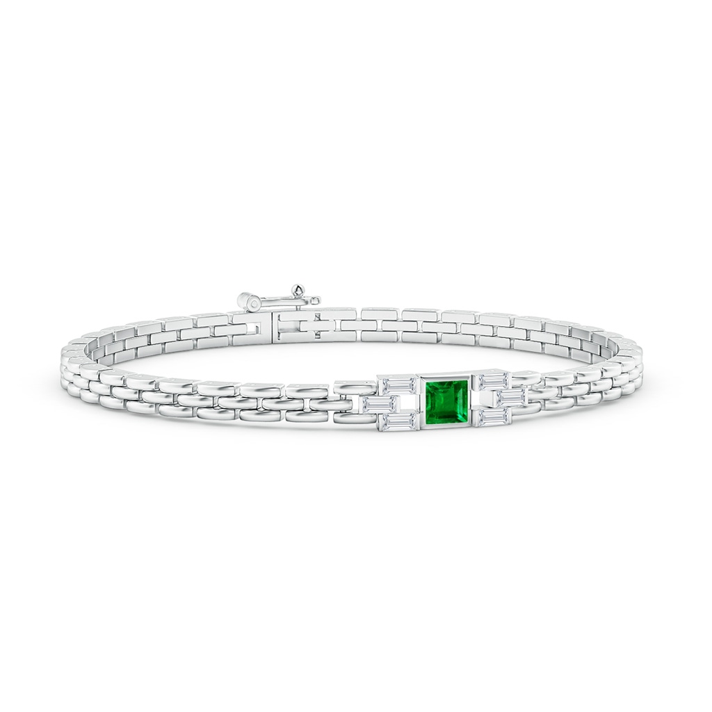 4mm AAAA Square Emerald & Baguette Diamond Rectangle Link Bracelet in White Gold