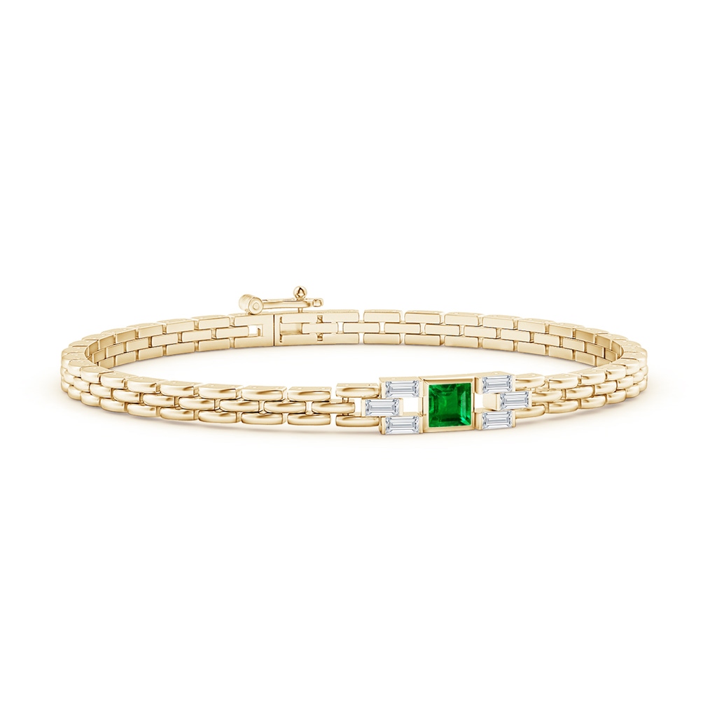 4mm AAAA Square Emerald & Baguette Diamond Rectangle Link Bracelet in Yellow Gold
