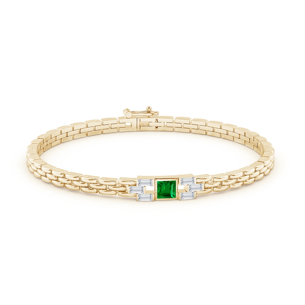 4mm AAAA Square Emerald & Baguette Diamond Rectangle Link Bracelet in Yellow Gold Side-1