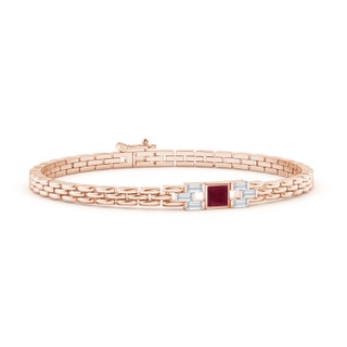 4mm A Square Ruby & Baguette Diamond Rectangle Link Bracelet in 10K Rose Gold