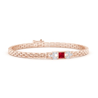 4mm AAA Square Ruby & Baguette Diamond Rectangle Link Bracelet in 9K Rose Gold