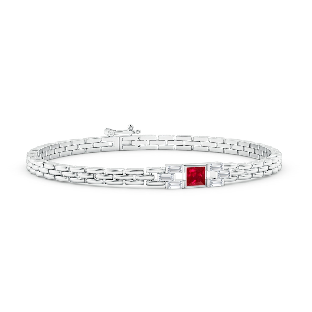 4mm AAA Square Ruby & Baguette Diamond Rectangle Link Bracelet in White Gold