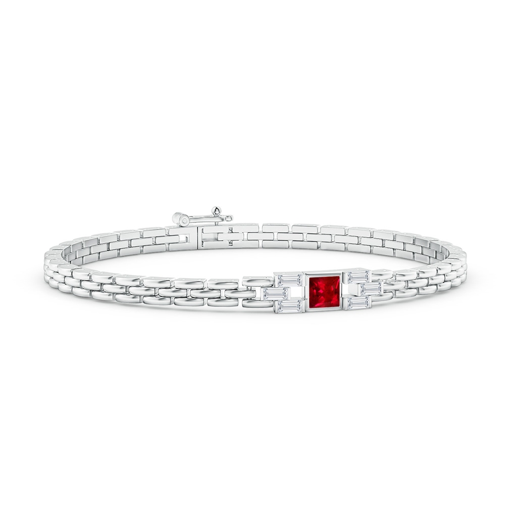 4mm AAAA Square Ruby & Baguette Diamond Rectangle Link Bracelet in White Gold