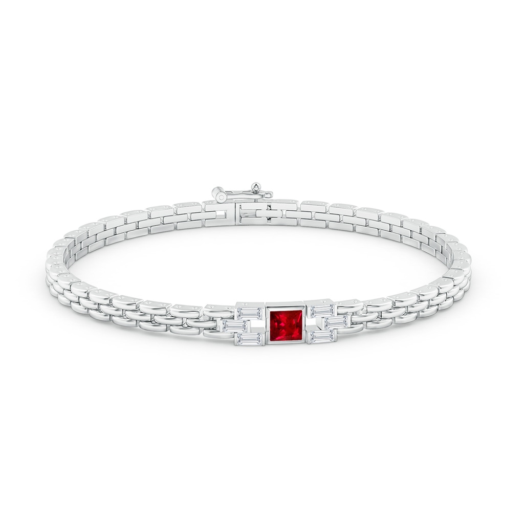 4mm AAAA Square Ruby & Baguette Diamond Rectangle Link Bracelet in White Gold Side-1