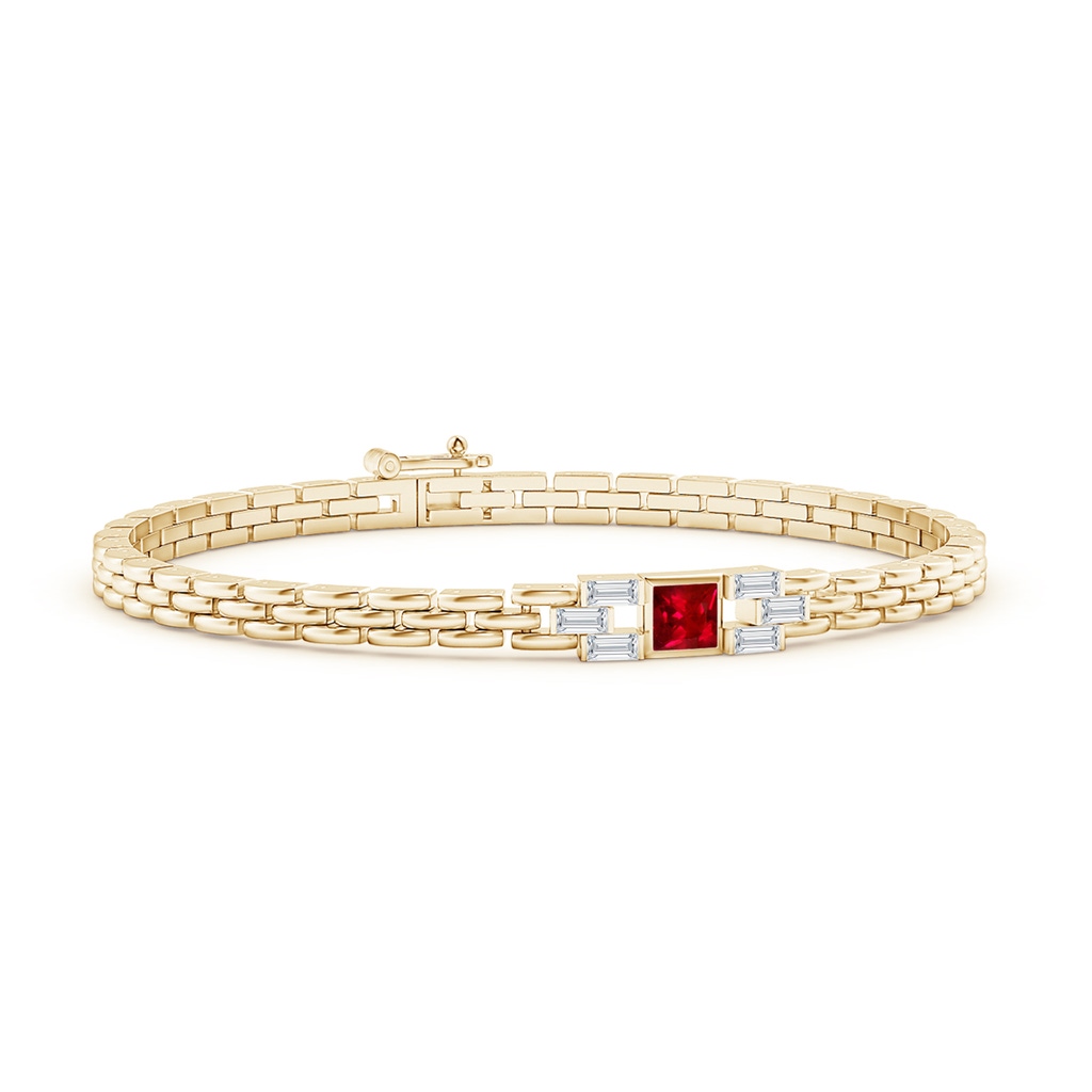 4mm AAAA Square Ruby & Baguette Diamond Rectangle Link Bracelet in Yellow Gold