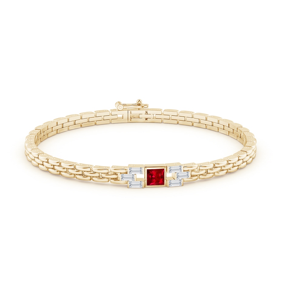 4mm AAAA Square Ruby & Baguette Diamond Rectangle Link Bracelet in Yellow Gold side-1