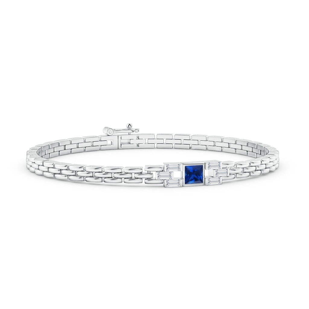 4mm AAAA Square Sapphire & Baguette Diamond Rectangle Link Bracelet in White Gold