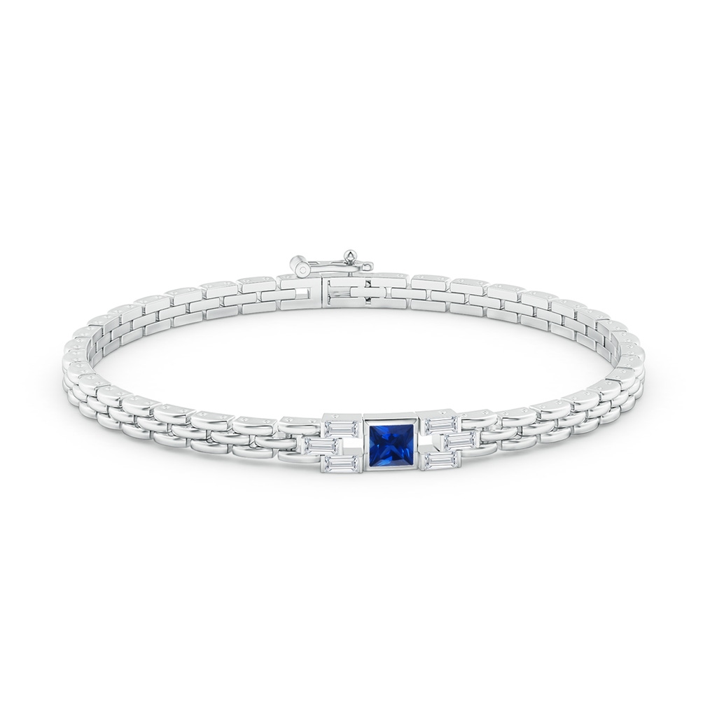 4mm AAAA Square Sapphire & Baguette Diamond Rectangle Link Bracelet in White Gold Side-1
