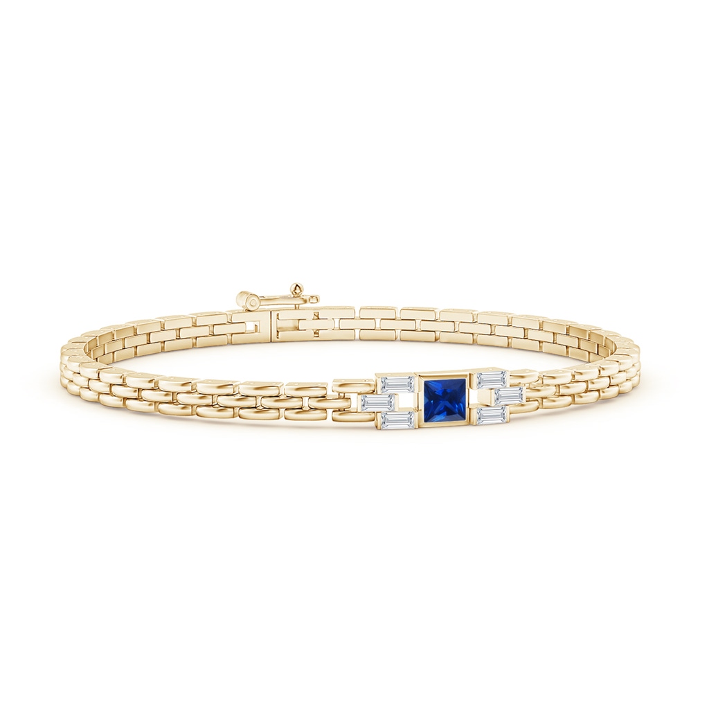 4mm AAAA Square Sapphire & Baguette Diamond Rectangle Link Bracelet in Yellow Gold