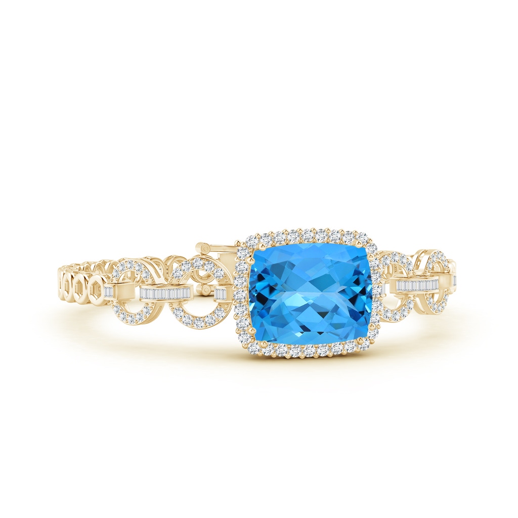 16.07x12.01x7.75mm AAA GIA Certified Rectangular Cushion Swiss Blue Topaz Multi-Link Bracelet With Halo in Yellow Gold