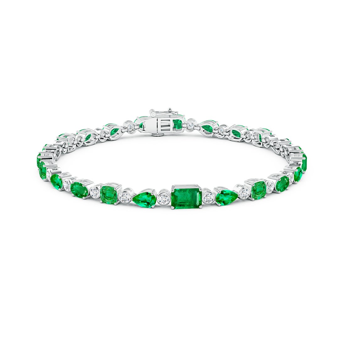 6x4mm AAA Emerald & Diamond Multi-Shape Tennis Bracelet in White Gold - side 2